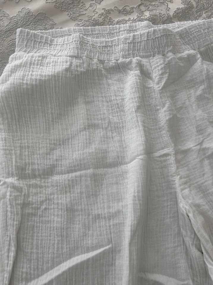 Kadın Beyaz Keten Bol Paça Pantolon ve üst - Görsel 2