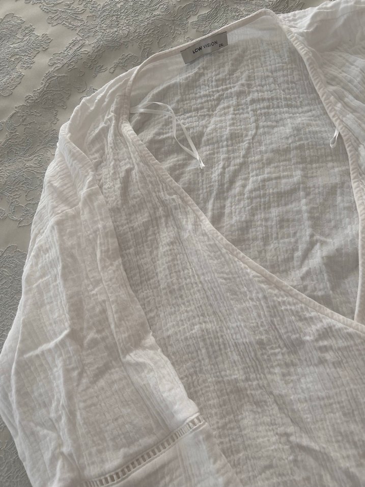 Kadın Beyaz Keten Bol Paça Pantolon ve üst - Görsel 5