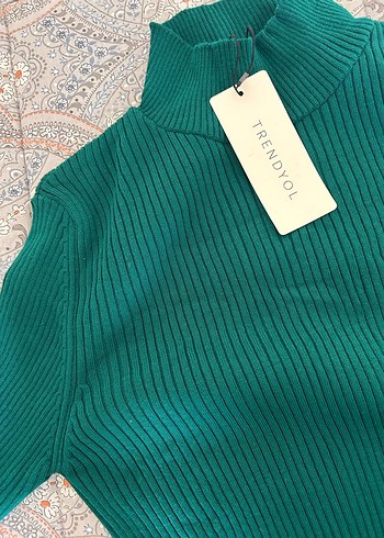 Uzun Kollu Yeşil Balıkçı Yaka Triko Elbise - Görsel 3