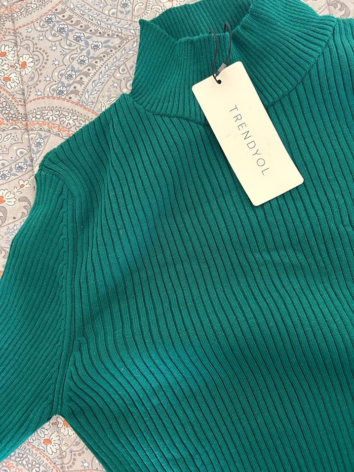 Uzun Kollu Yeşil Balıkçı Yaka Triko Elbise - Görsel 3