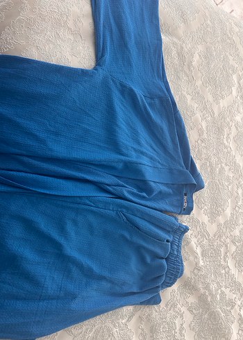 Mavi Keten Piliseli Kadın Pantolon ve ceket - Görsel 4