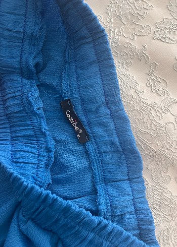 Mavi Keten Piliseli Kadın Pantolon ve ceket - Görsel 3