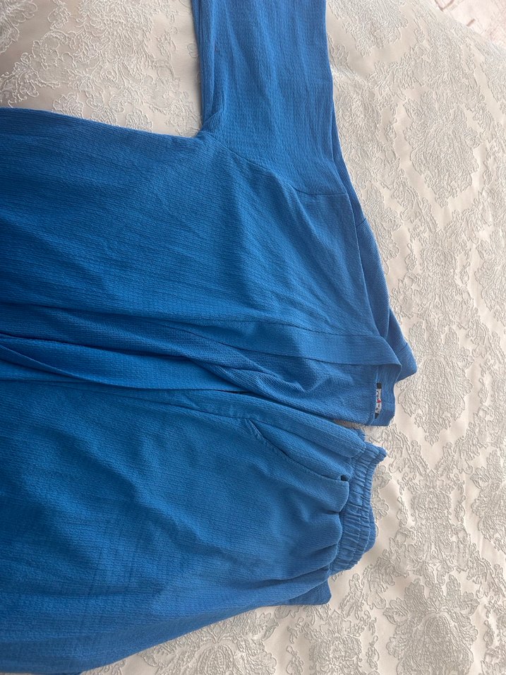 Mavi Keten Piliseli Kadın Pantolon ve ceket - Görsel 4