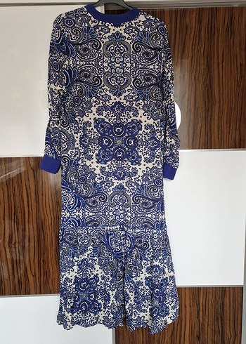 Uzun Mavi Desenli Bohem Elbise - Görsel 3