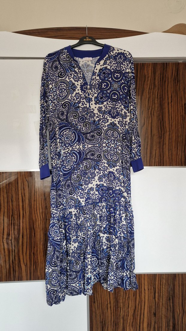 Uzun Mavi Desenli Bohem Elbise - Görsel 2