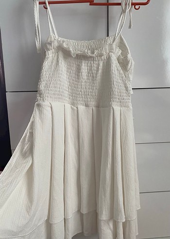 Beyaz Keten Pilili Midi Elbise - Görsel 3