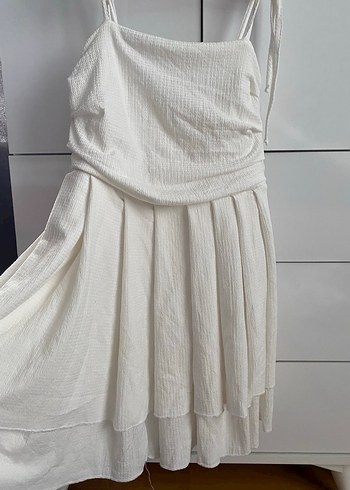 Beyaz Keten Pilili Midi Elbise - Görsel 2