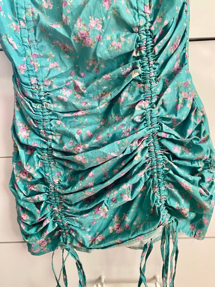 Turkuaz Drapeli Mini Bohem Elbise - Görsel 4