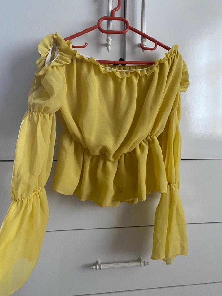 Sarı Fırfırlı Straplez Kadın Bluz - Görsel 3