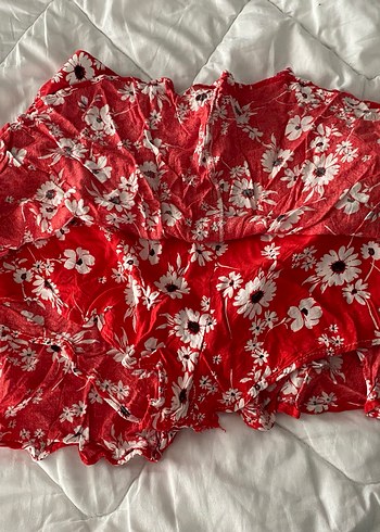 Çiçekli Kırmızı şortlu  Midi Etek - Görsel 2