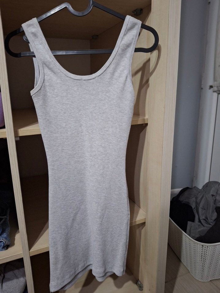 Gri V Yaka Kolsuz Mini Elbise - Görsel 3