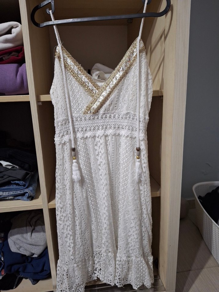 Dantel Detaylı Beyaz Bohem Kısa Elbise - Görsel 2