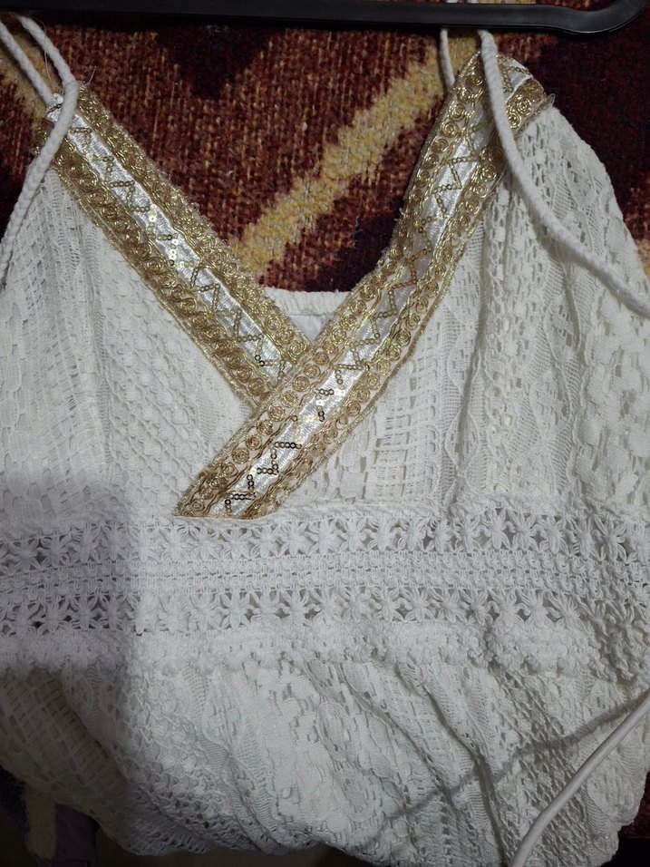 Dantel Detaylı Beyaz Bohem Kısa Elbise - Görsel 4