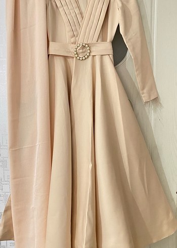Bej Uzun Kollu Drapeli Kadın Abiye - Görsel 3