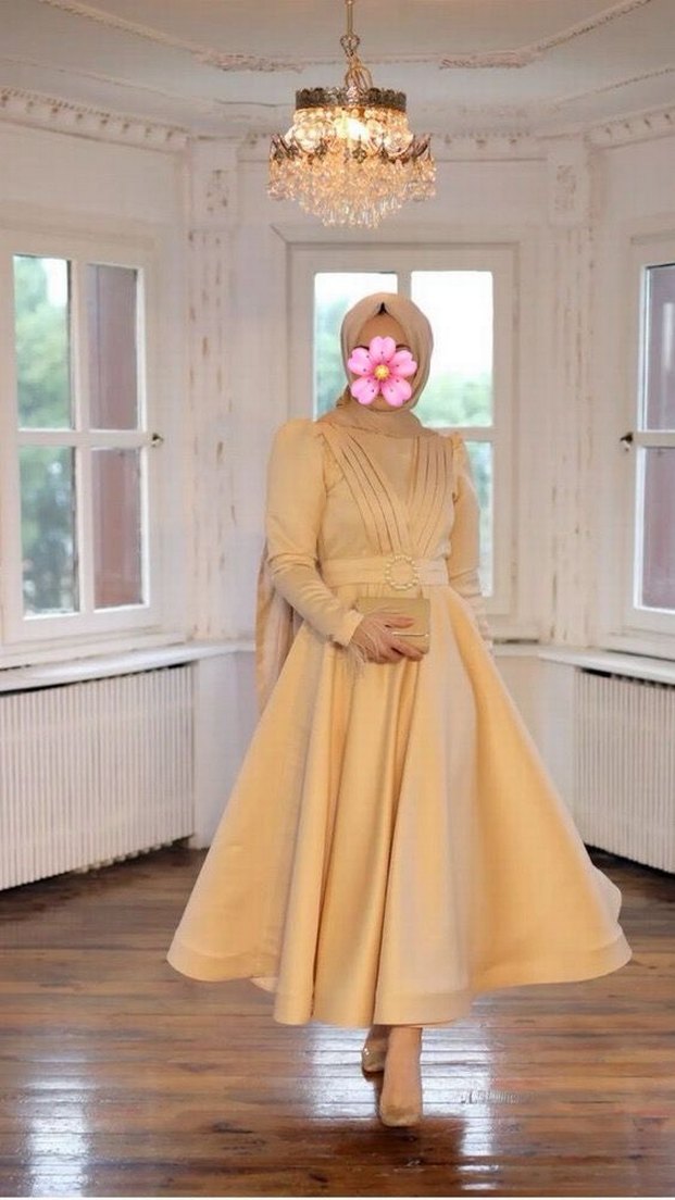 Bej Uzun Kollu Drapeli Kadın Abiye - Görsel 2