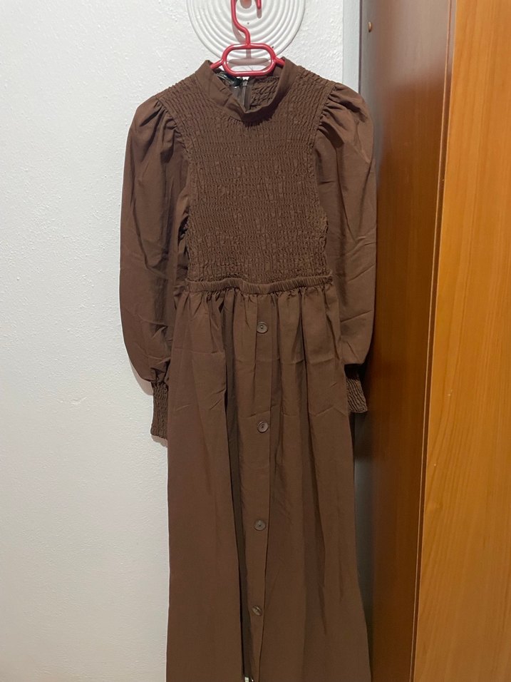 Kahverengi Pilili Elbise - Görsel 2