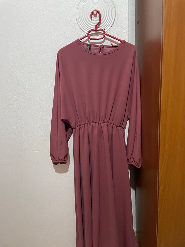 Pembe Gül Kurusu Uzun Kollu Salaş Elbise - Görsel 3