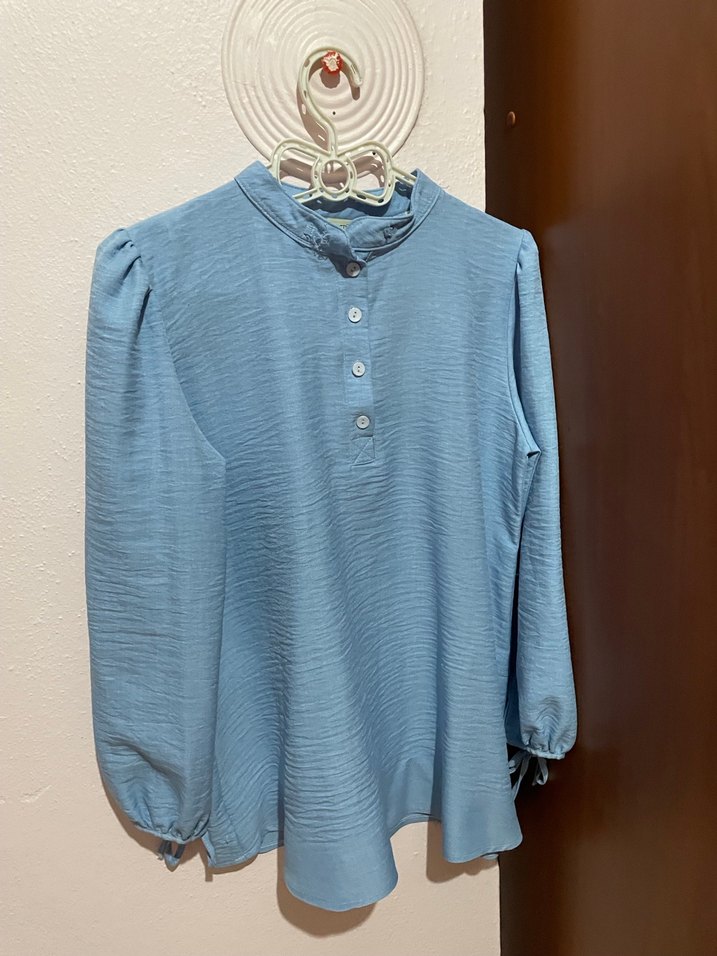 Düğmeli Mavi Keten Bohem Tunik - Görsel 2