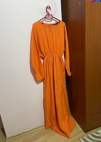 Turuncu Uzun Kollu Salaş Keten Elbise - Görsel 3