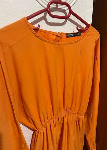 Turuncu Uzun Kollu Salaş Keten Elbise - Görsel 2