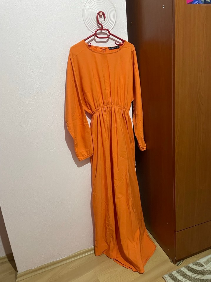 Turuncu Uzun Kollu Salaş Keten Elbise - Görsel 3