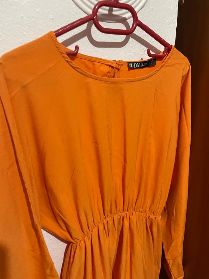 Turuncu Uzun Kollu Salaş Keten Elbise - Görsel 2