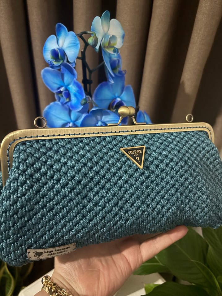 Mavi Örgü Kadın Portföy Çanta - Görsel 2