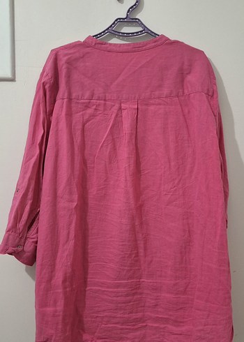 Düğmeli Pembe Keten Salaş Gömlek - Görsel 2