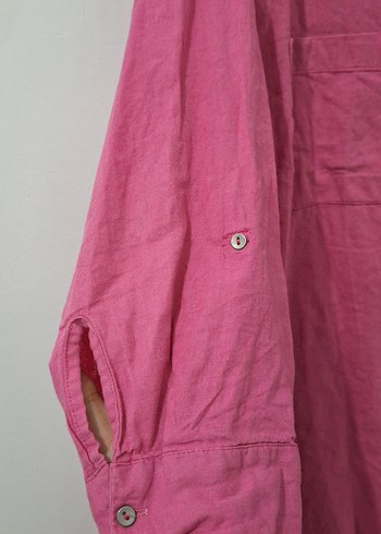 Düğmeli Pembe Keten Salaş Gömlek - Görsel 3