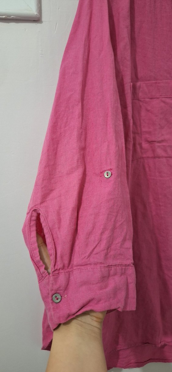 Düğmeli Pembe Keten Salaş Gömlek - Görsel 3