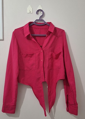 Pembe Düğmeli Uzun Kollu Keten Gömlek - Görsel 2