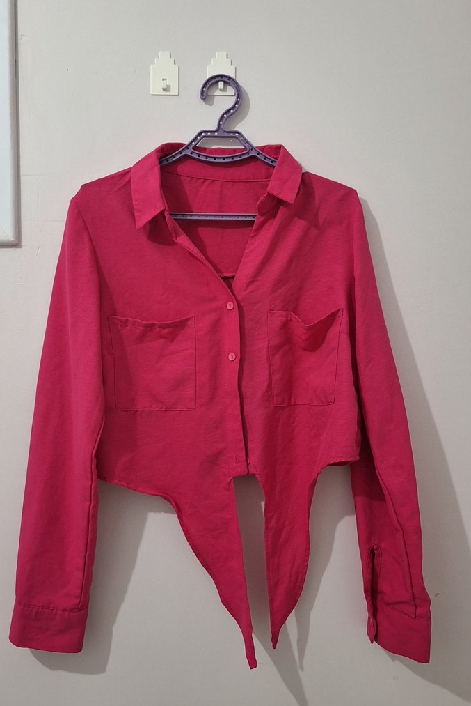 Pembe Düğmeli Uzun Kollu Keten Gömlek - Görsel 2