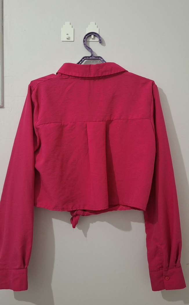 Pembe Düğmeli Uzun Kollu Keten Gömlek - Görsel 3