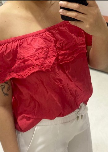 Kırmızı Straplez Fırfırlı Kadın Bluz - Görsel 2