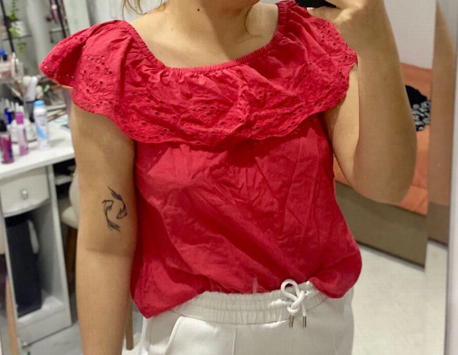 Kırmızı Straplez Fırfırlı Kadın Bluz - Görsel 3