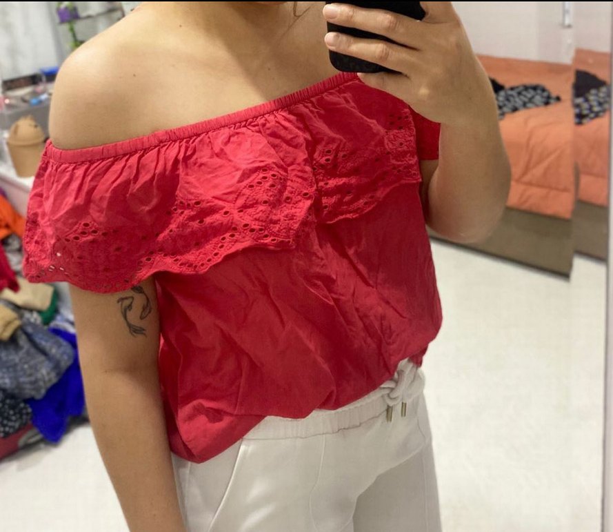 Kırmızı Straplez Fırfırlı Kadın Bluz - Görsel 2