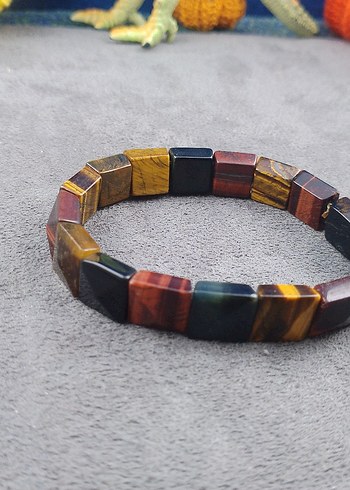 Bohem Zebra Desenli Elastik Kahverengi kaplan gözü Bileklik - Görsel 2