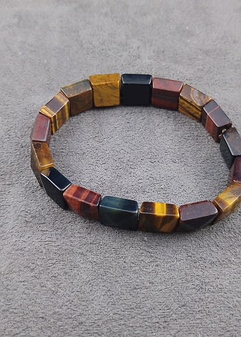 Bohem Zebra Desenli Elastik Kahverengi kaplan gözü Bileklik - Görsel 3