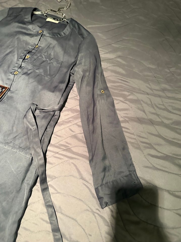 Gri Uzun Kollu Kuşaklı elbise - Görsel 4