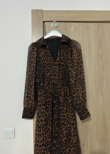 Kahverengi Leopar Desenli Uzun Kollu Elbise - Görsel 3