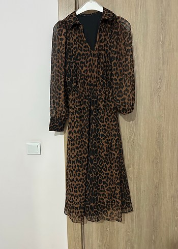 Kahverengi Leopar Desenli Uzun Kollu Elbise - Görsel 6