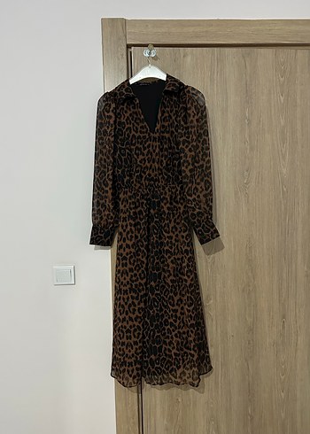 Kahverengi Leopar Desenli Uzun Kollu Elbise - Görsel 4