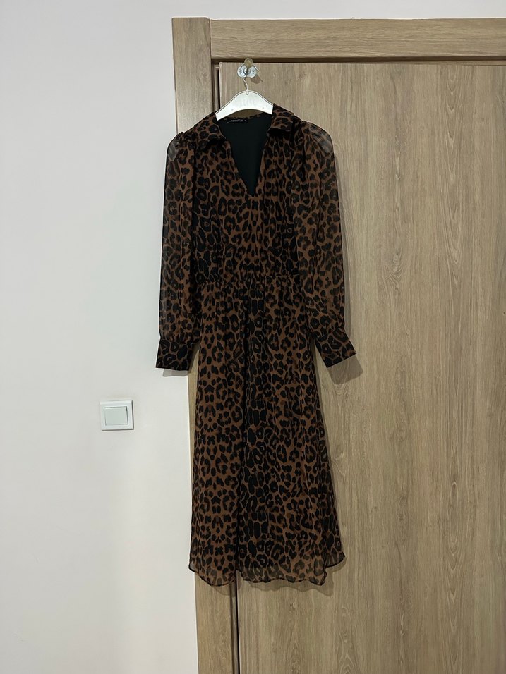 Kahverengi Leopar Desenli Uzun Kollu Elbise - Görsel 5