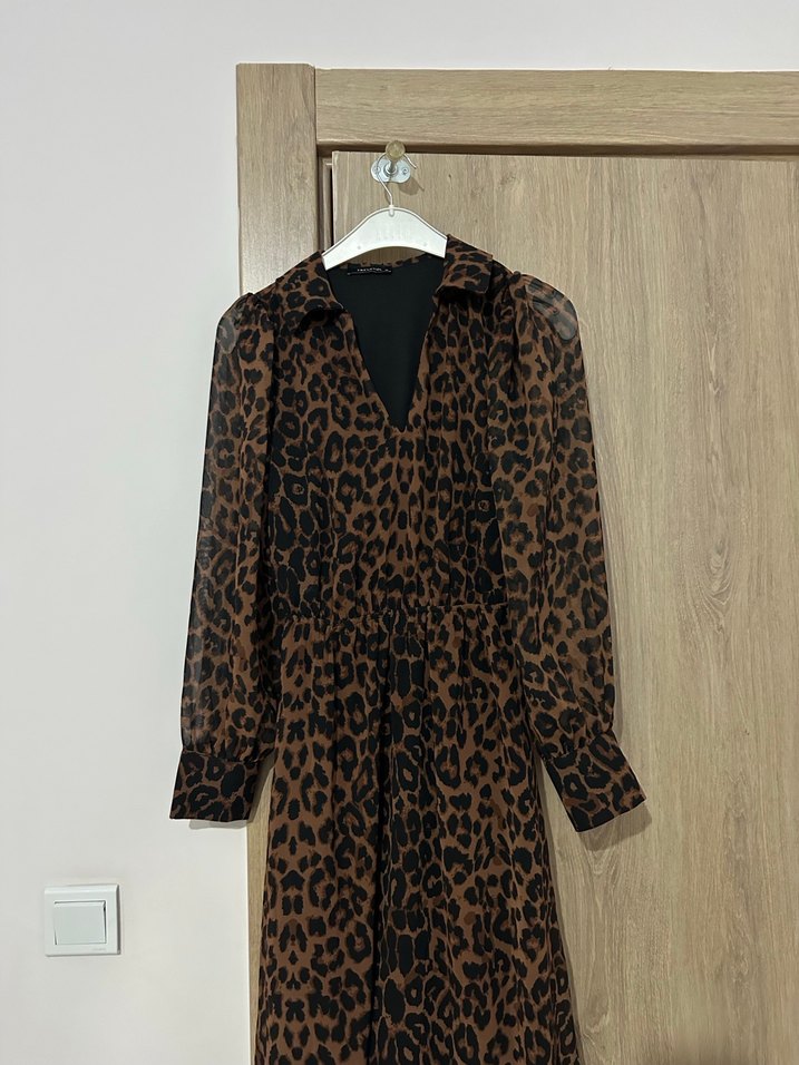 Kahverengi Leopar Desenli Uzun Kollu Elbise - Görsel 3
