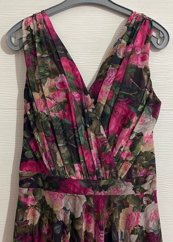 Kadın Renkli Çiçekli Uzun V Yaka Abiye Elbise - Görsel 3