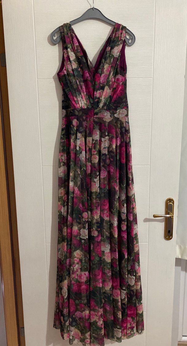 Kadın Renkli Çiçekli Uzun V Yaka Abiye Elbise - Görsel 2