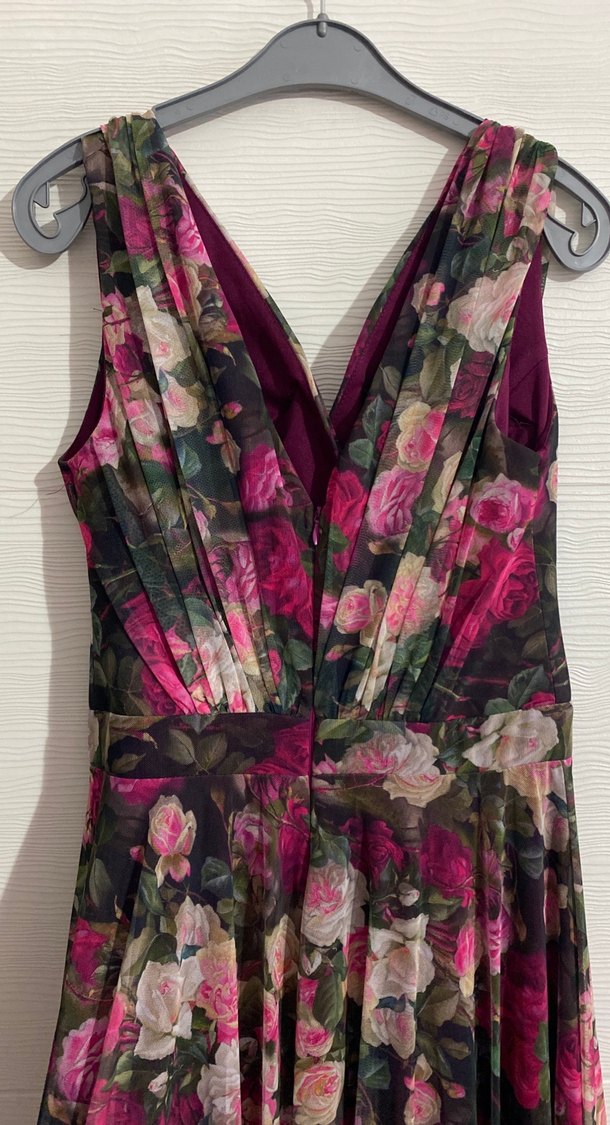 Kadın Renkli Çiçekli Uzun V Yaka Abiye Elbise - Görsel 4