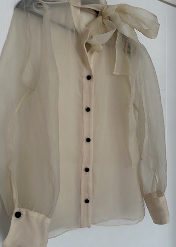 Bej Düğmeli Kadın transparan Gömlek - Görsel 2