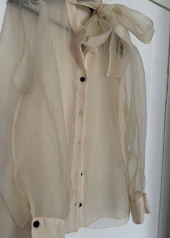 Bej Düğmeli Kadın transparan Gömlek - Görsel 3