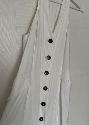 Düğmeli Beyaz Keten Uzun Elbise - Görsel 2
